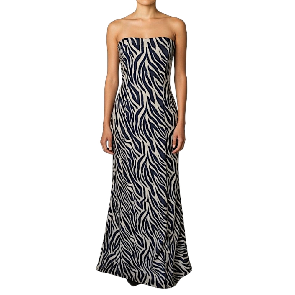 Jessica McClintock for Gunne Sax Y2K 90s Zebra Print Strapless Satin Jewel Dress
